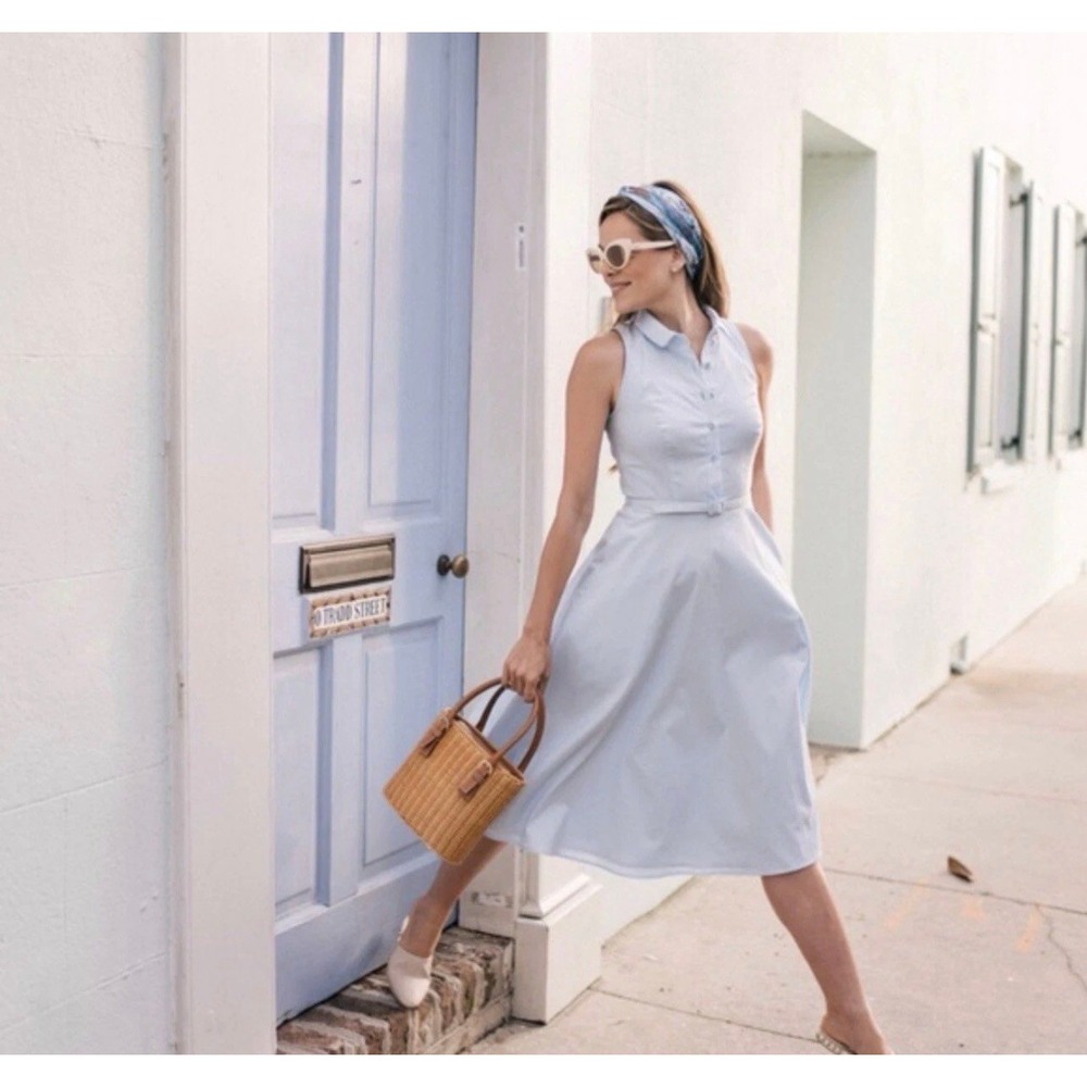 Gal Meets Glam Blue Sleeveless Midi Dress with Belt & Pockets Size 6 Never Worn